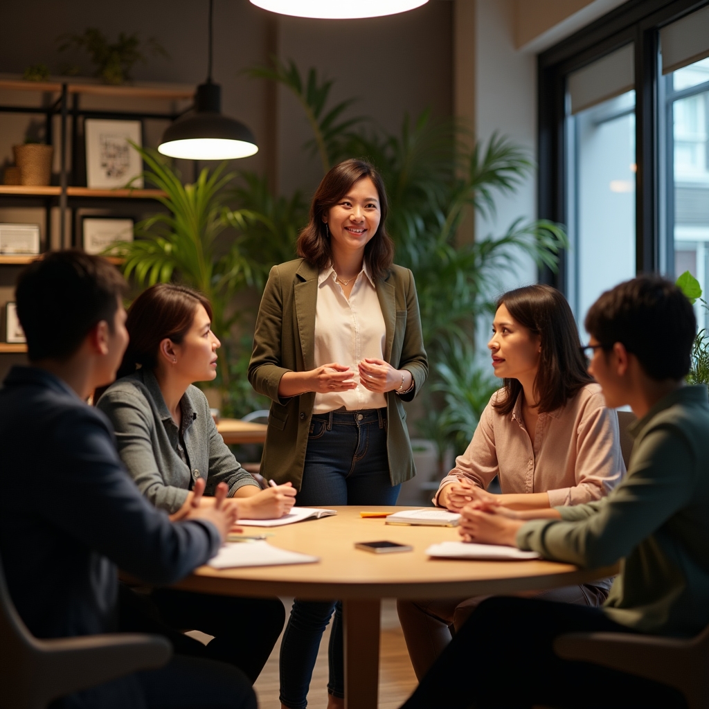 Coordinador de equipo facilitando reunión colaborativa en espacio de trabajo moderno