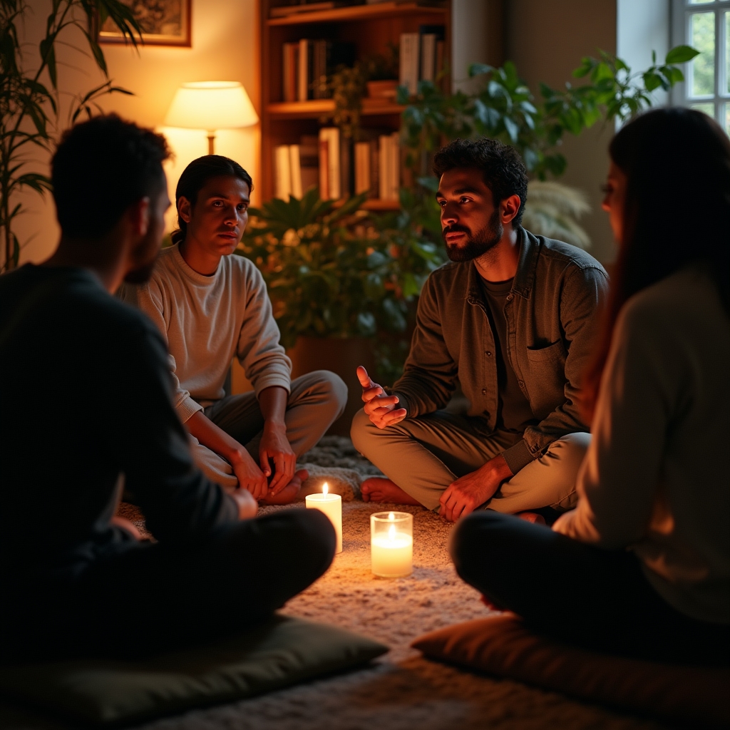Grupo pequeño de personas practicando ejercicios de comunicación en espacio íntimo