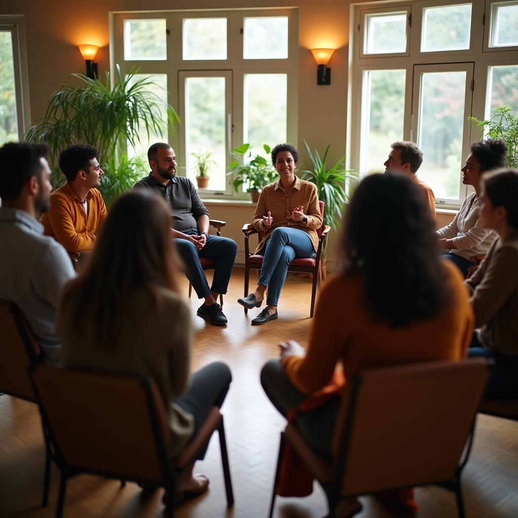 Grupo de personas en círculo practicando escucha activa y facilitación